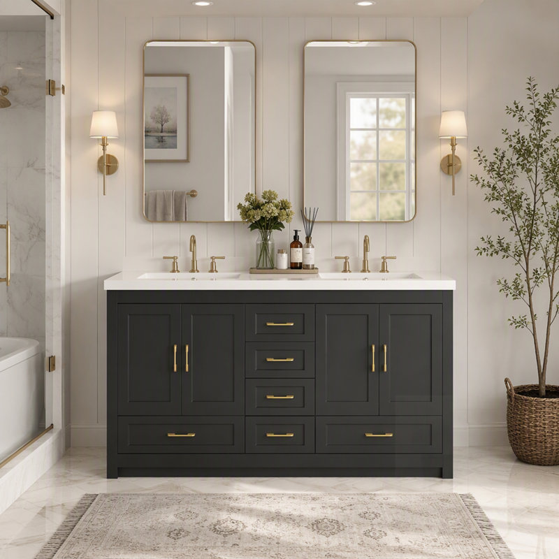 Meuble-lavabo de salle de bain avec rangement abondant, 4 portes à fermeture douce et 5 tiroirs pour une élégance moderne