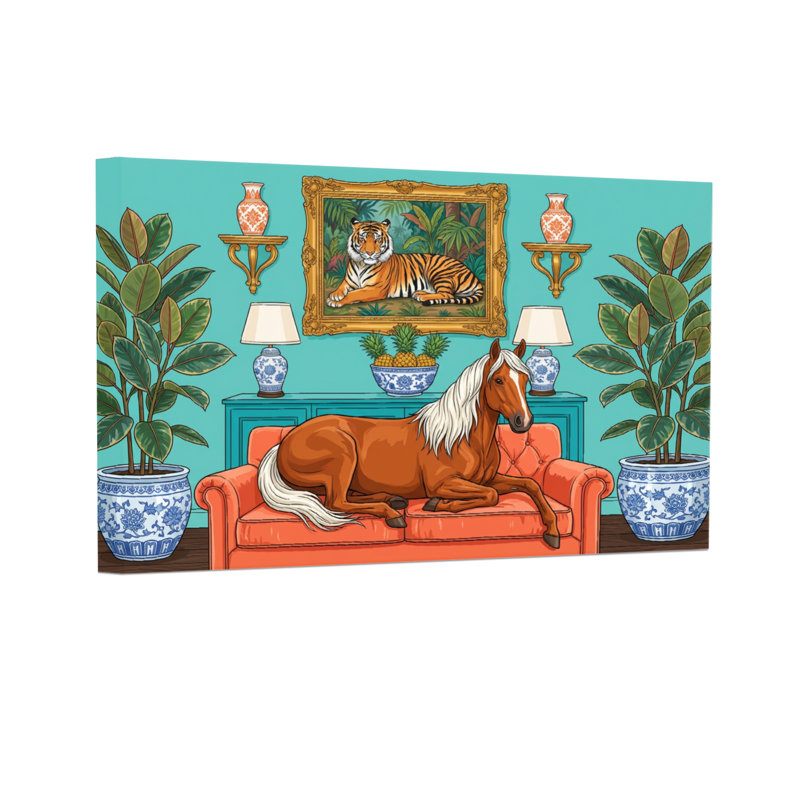 Animaux, cheval, canapé, tigre, portrait, plantes, H 12 po x l 18 po