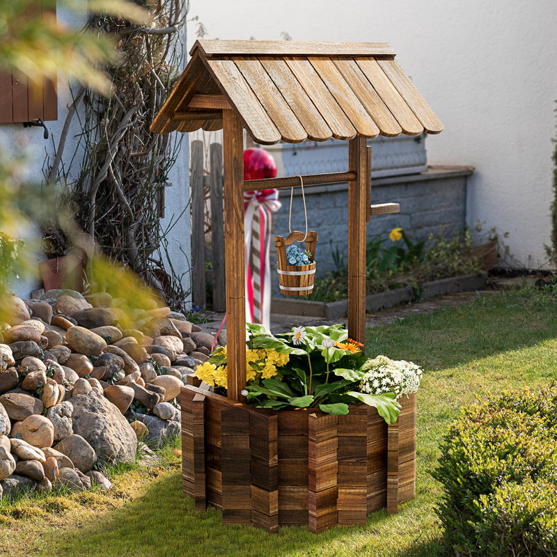Decorative Wooden Garden Wishing Well Planter - Rustic Patio/Yard Décor W/Shaded Roof & Hanging Bucket