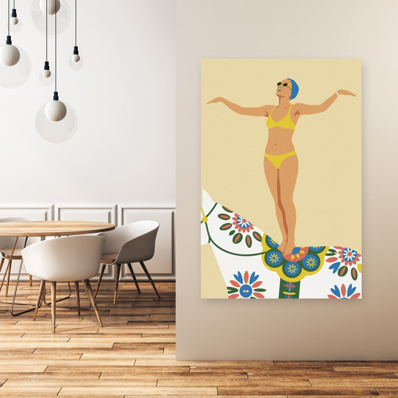 Bikini acrobate sur cheval, rétro, cheval rétro, plage, art mural
