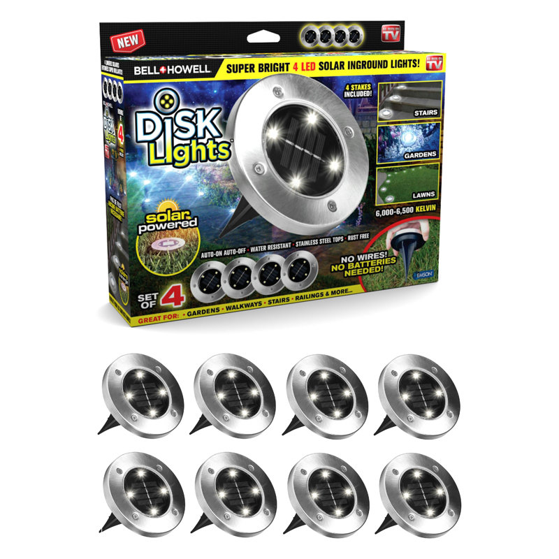 Bell+Howell Solar Powered 4 LED Disk Lights, Wireless Auto On/off Solar Pathway Garden Lights