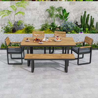 6-Piece Outdoor Dining Set with Acacia Wood Table, Bench and Cushioned Chairs for Backyard