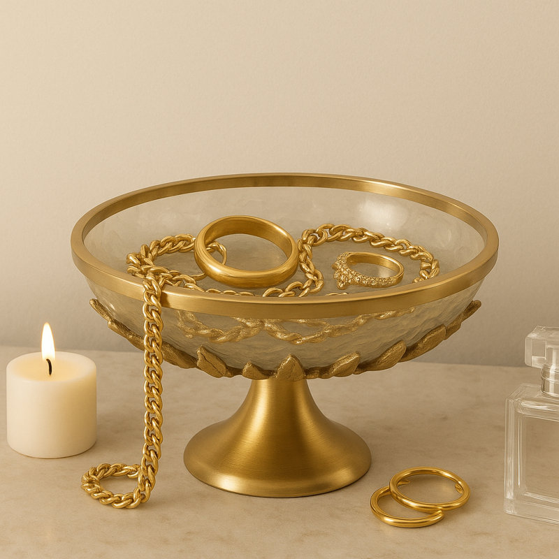 Bol rond moderne en verre avec piédestal floral en métal - Parfait bol décoratif pour centre de table - 13 po, doré