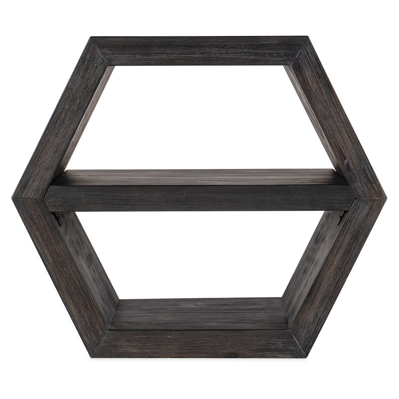 Hexagonal Dark Wood End Table with Stone Accents