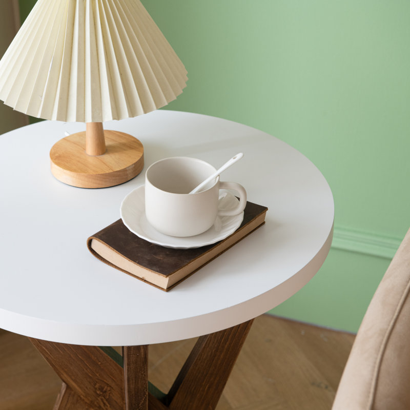 Jahey Solid Wood Crossed Legs Round End Table with Smooth Top and Sturdy Four-Leg Base, White Top/Walnut Brown Base