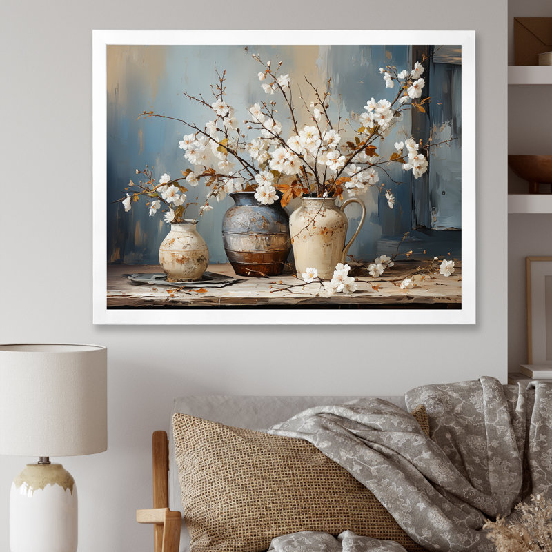 Art mural de poterie et de fleurs nature morte I, Cadre simple noir, H 16 po x l 32 po, Blanc