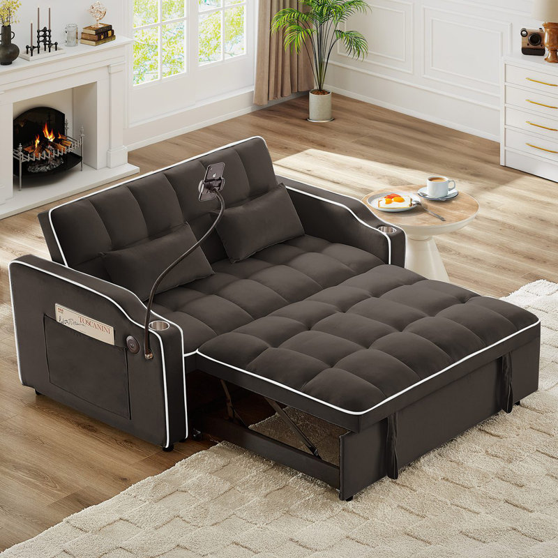 Fauteuil inclinable polyvalent à double siège pliable, canapé-lit confortable en velours avec poches latérales, port USB, support pour téléphone pivotant, cendrier et dossier réglable