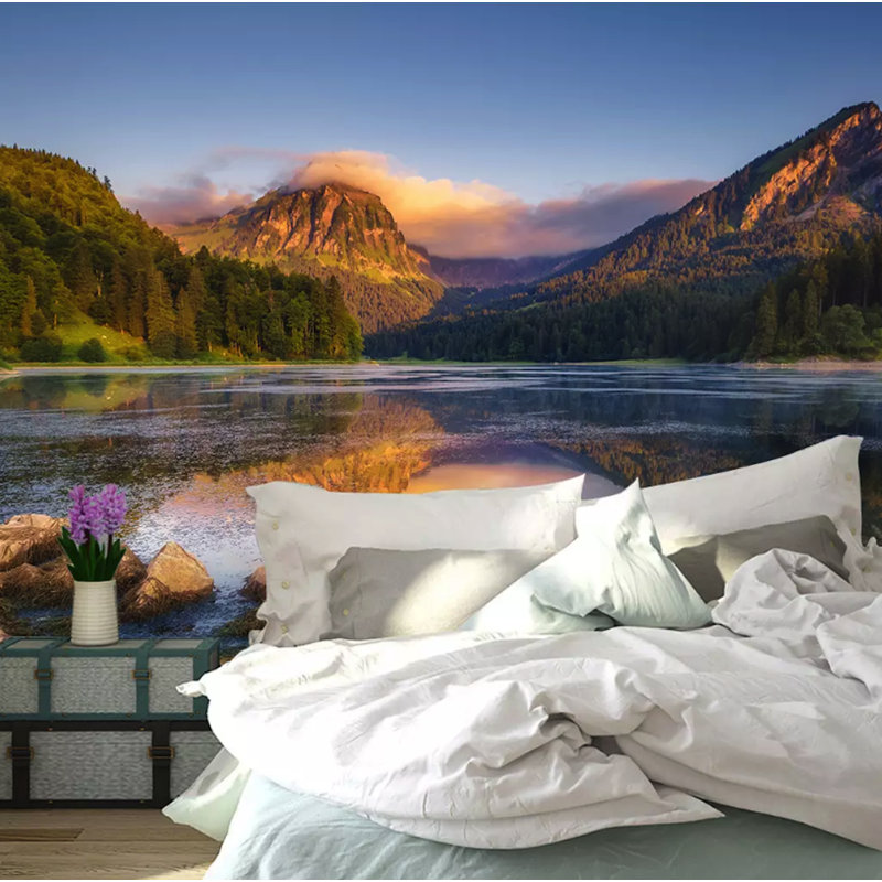 Papier peint texturé amovible Lake Mountain Landscape Forest, l 112 po x L 75 po