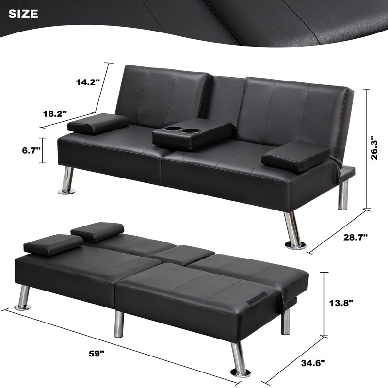 Modern Convertible Futon, Adjustable Folding Sofa Bed, Black Faux Leather