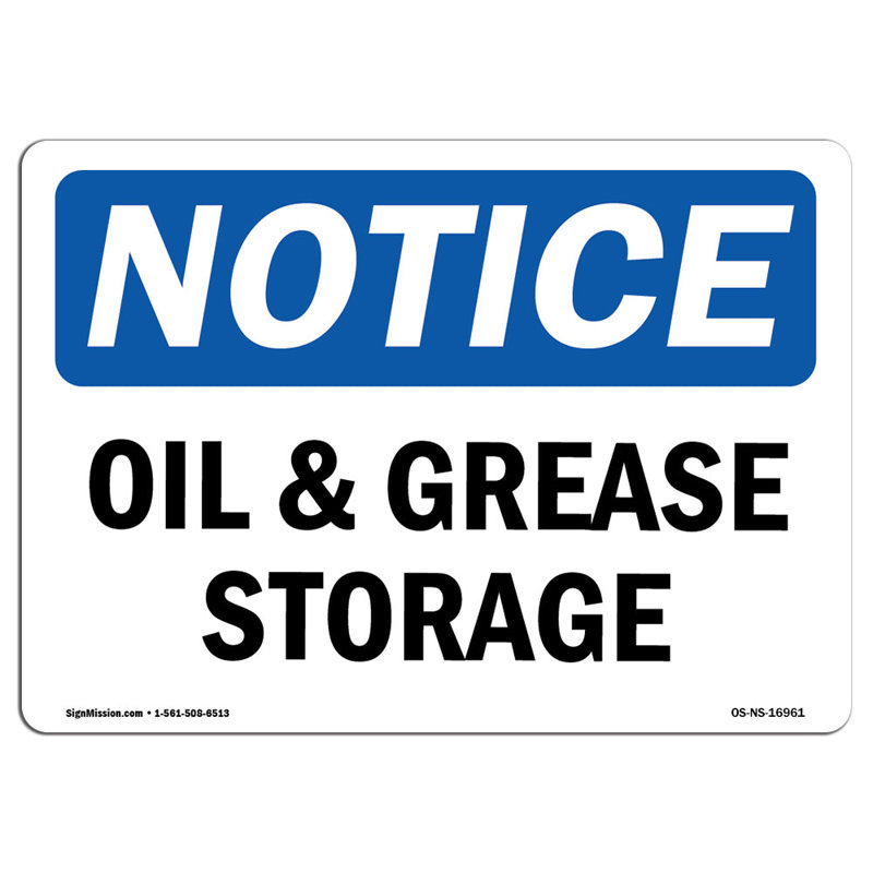 Oil And Grease Storage Aluminum Sign 12 x 18