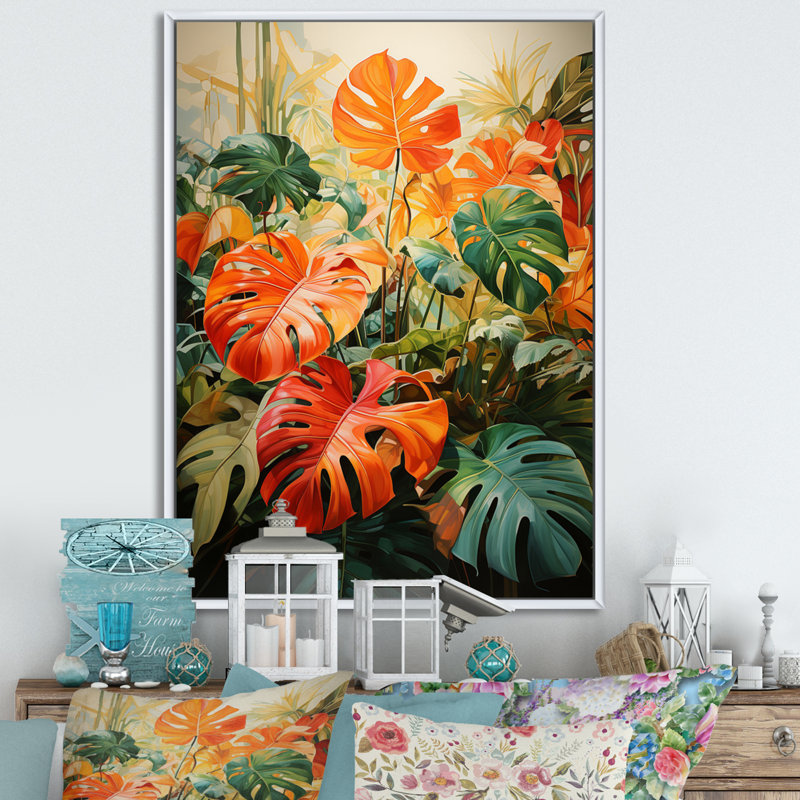 Feuillage tropical orange et vert I, H 44 po x l 34 po x P 1,5 po, Cadre flottant blanc