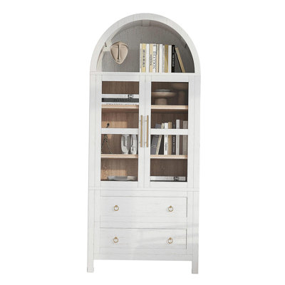 K&K, armoire de rangement arquée de 71 pouces de hauteur, avec 2 grands tiroirs, armoire de rangement de style campagne moderne, avec tablettes réglables, porte vitrée, convient à la cuisine, armoire multifonctionnelle en bois de salle à manger, blanc