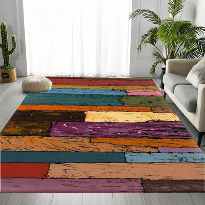 Rustic Abstract Colorful Wood Plank Area Rug, Warm Multi-Tone Timber Texture Pattern, Soft Durable, Machine Washable Non-Slip Floor Carpet, Stylish Artistic Indoor Home Decor for Living Room, Bedroom, Entryway, Kitchen, Balcony, Apartment
