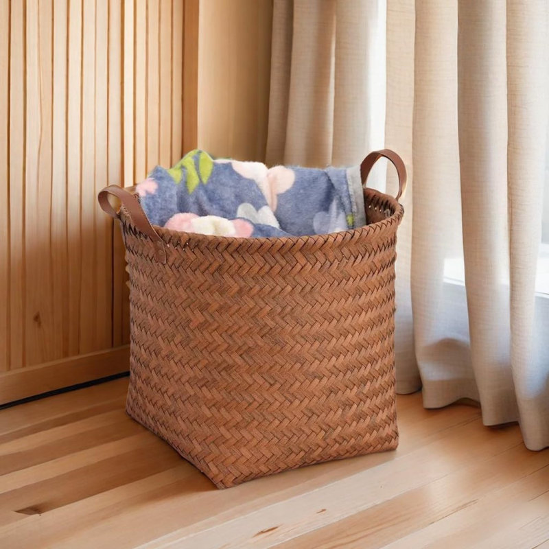 Set of 4 Brown Wicker Cube Storage Baskets with Handles