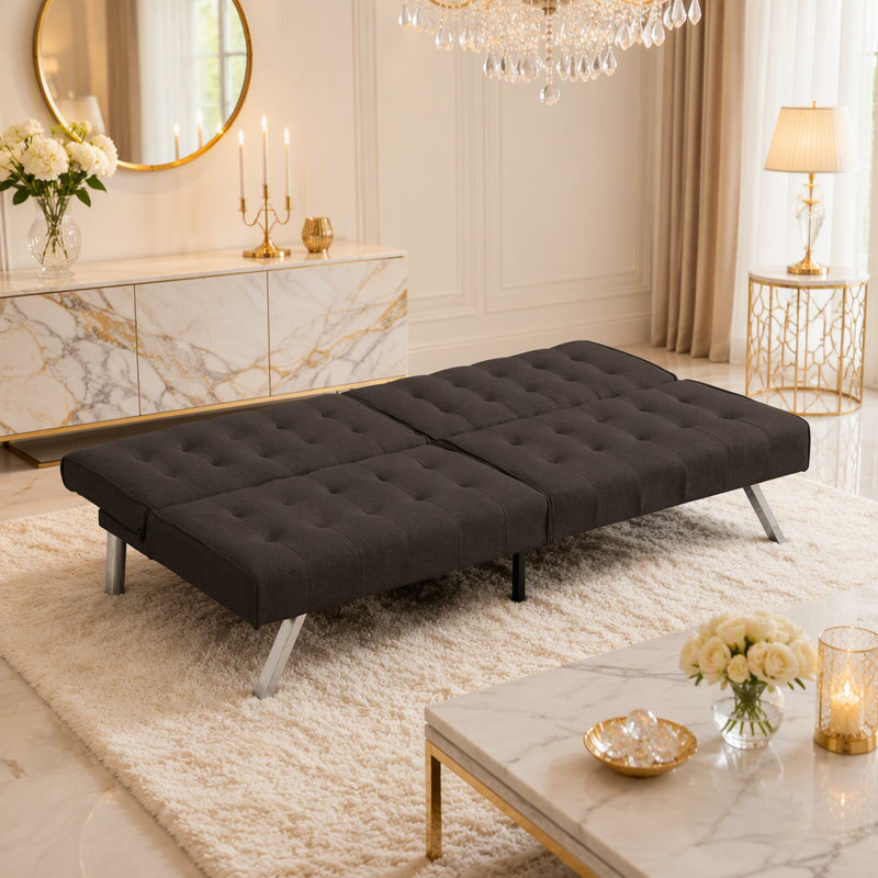 Canapé-lit futon polyvalent en bois et en acier inoxydable pour la détente et l'optimisation de l'espace, Lin espresso
