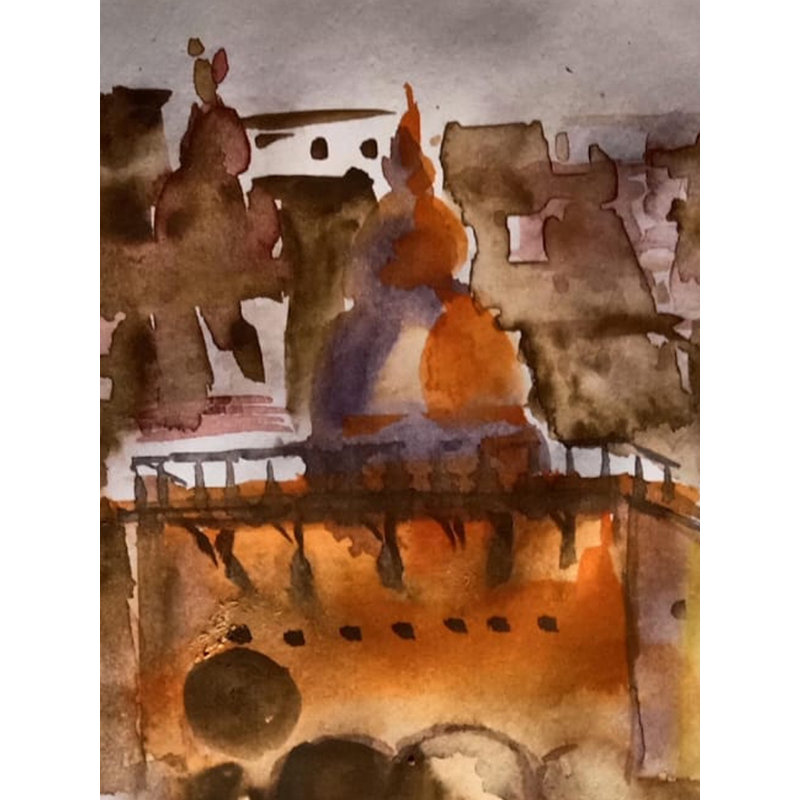 Un ghat religieuse | Aquarelle sur papier | Par Raj Kumar Singh