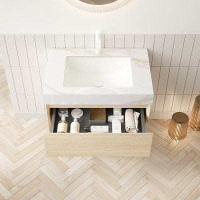 Meuble-lavabo de salle de bain 30 po avec lavabo, armoire en contreplaqué flottant avec tiroir et tablette, détection automatique, lavabo encastré en céramique, armoire de comptoir en fritté doré, rangement pour tablette, capteur