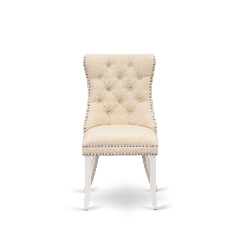 Dallas Parsons Dining Chairs, Button Tufted Back with Nailhead Trim, Light Beige Polyester Fabric Upholstered Chairs, Set of 2, Linen White