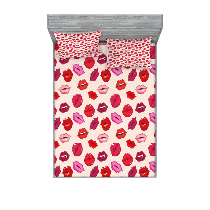 Drap-housse et coussin décoratif Ambesonne Kiss rose pâle et multicolore, Ensemble de draps pour très grand lit californien