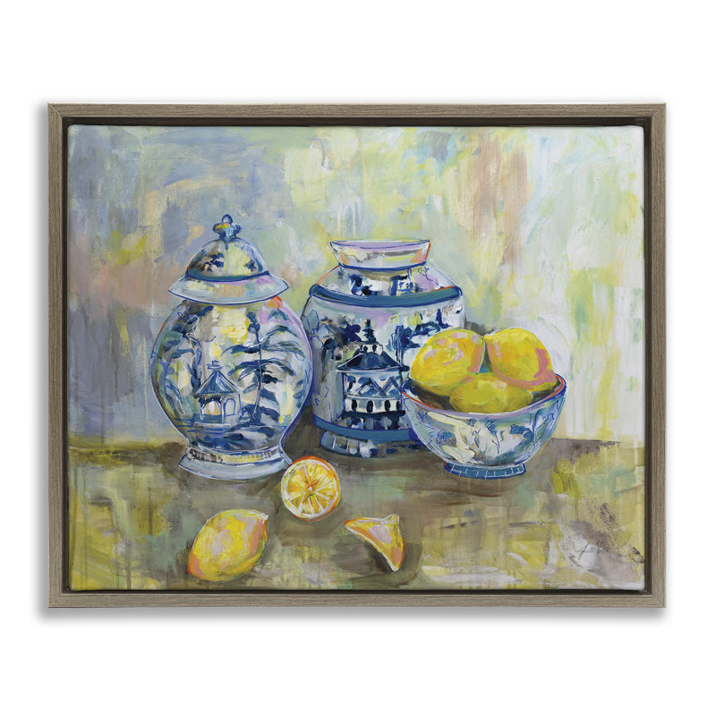 "Lemons & Pottery", peinture classique encadrée sur toile flottante à grain brun par Jeanette Vertentes, H 21 po x l 17 po