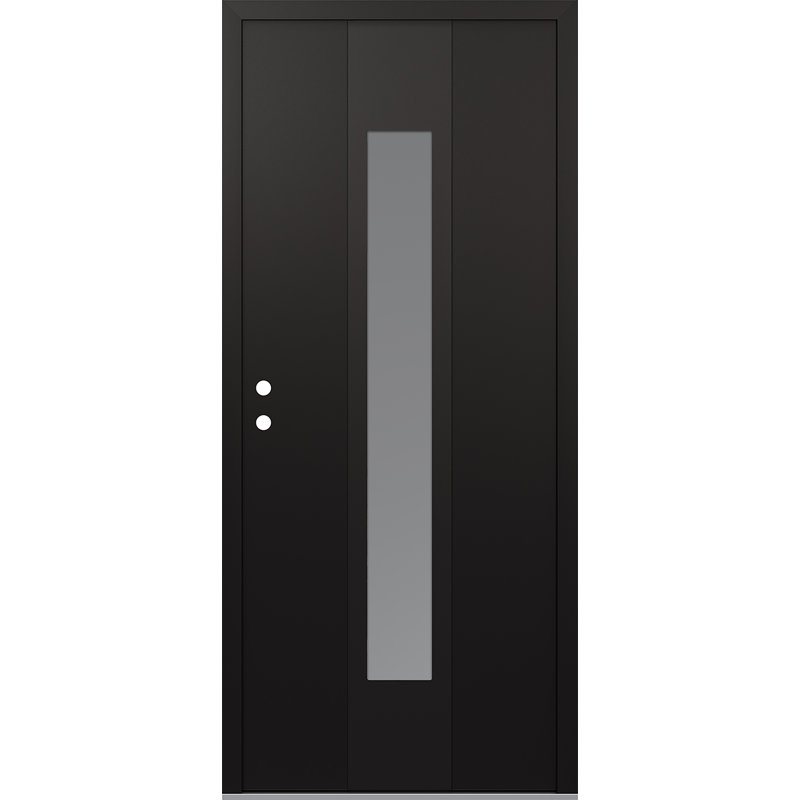 Porte d'entrée pré-suspendue en acier noir avec panneau à droite, Givré, Noir / blanc