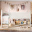 Lit mezzanine bas en bois massif avec garde-corps pleine longueur, échelles et bibliothèque à côté, design chic et sécuritaire pour les enfants-277926949-277926951