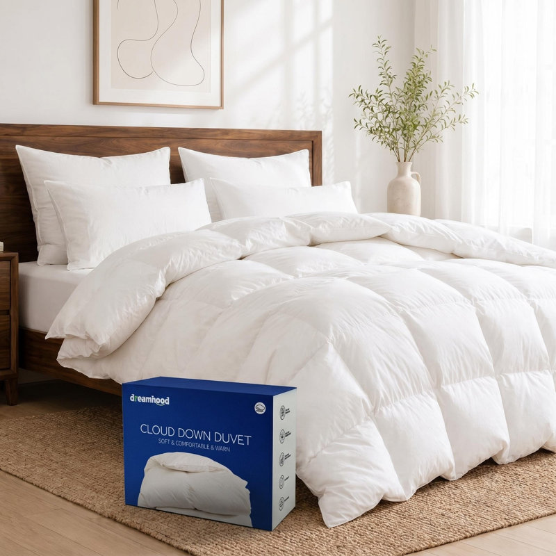 Édredon toutes saisons en plumes blanches et fibres de duvet avec housse en polyester, White, King