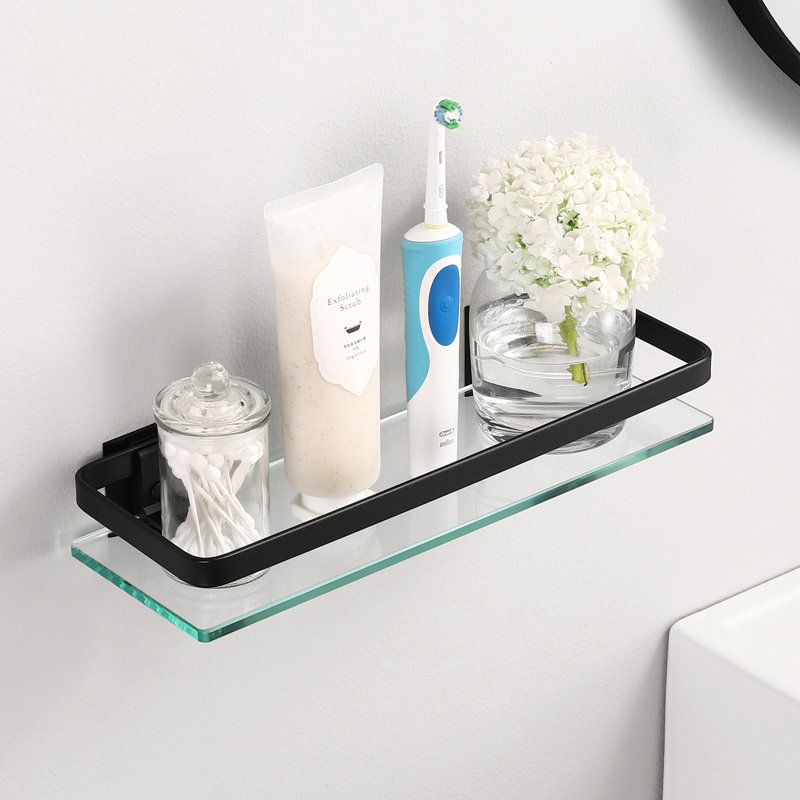 Bathroom floating glass shelf 14 inch tempered glass rectangular 1 tier extra thick aluminum wall mounted Janetta, Noir mat