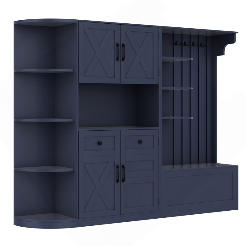 Multifunctional Left-Right Combination Hall Cabinet (Can Be Used Separately) With Storage And 4 Hooks, Storage Cabinet/ Hall Tree 2 In 1 For Living Room, Kitchen And Hallway, Antique Blue