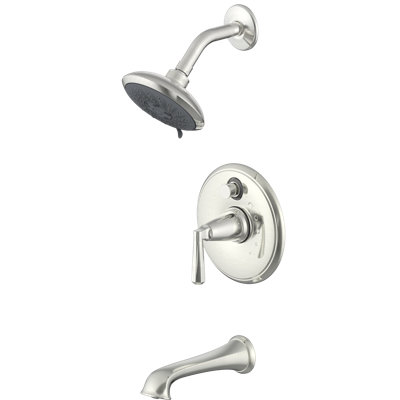 Système de garniture de douche Z Collection: pomme de douche ronde de 5,5 po, ensemble de poignées simples, bec de baignoire et soupape brute inclus - nickel brossé