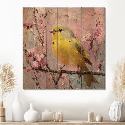Songbird In Melody Summer Tree III - Bird Wood Wall Art - On Natural Pine Wood