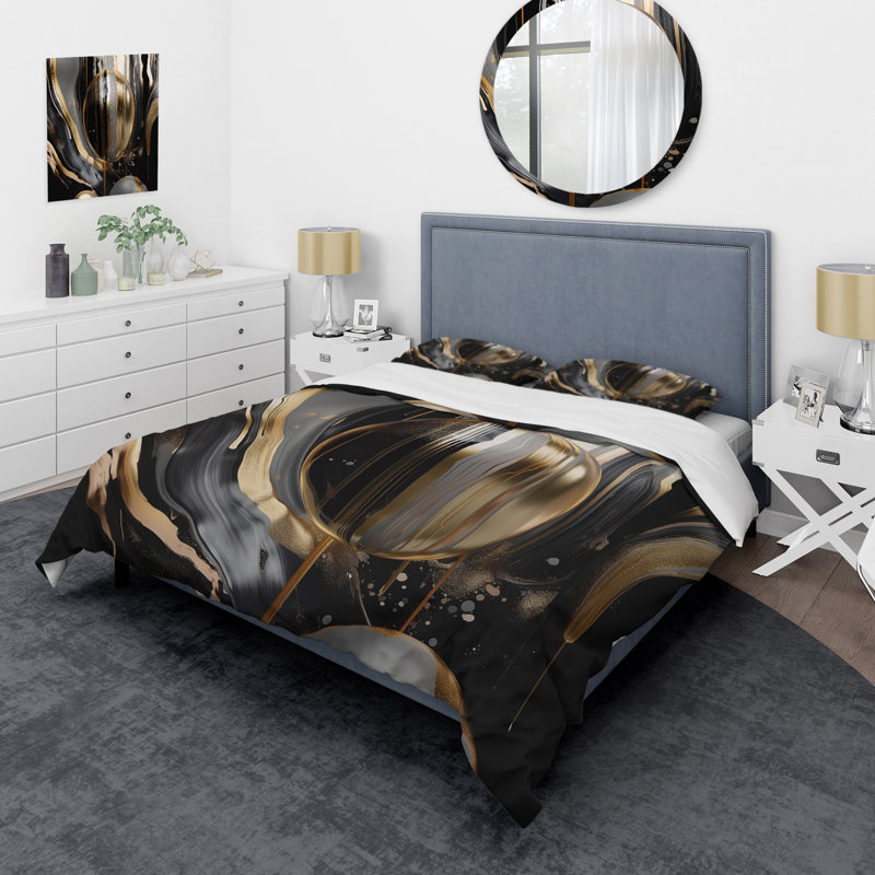 Ensemble de housse de couette en microfibre / polyester doré et noir captivant Marble III Bedding