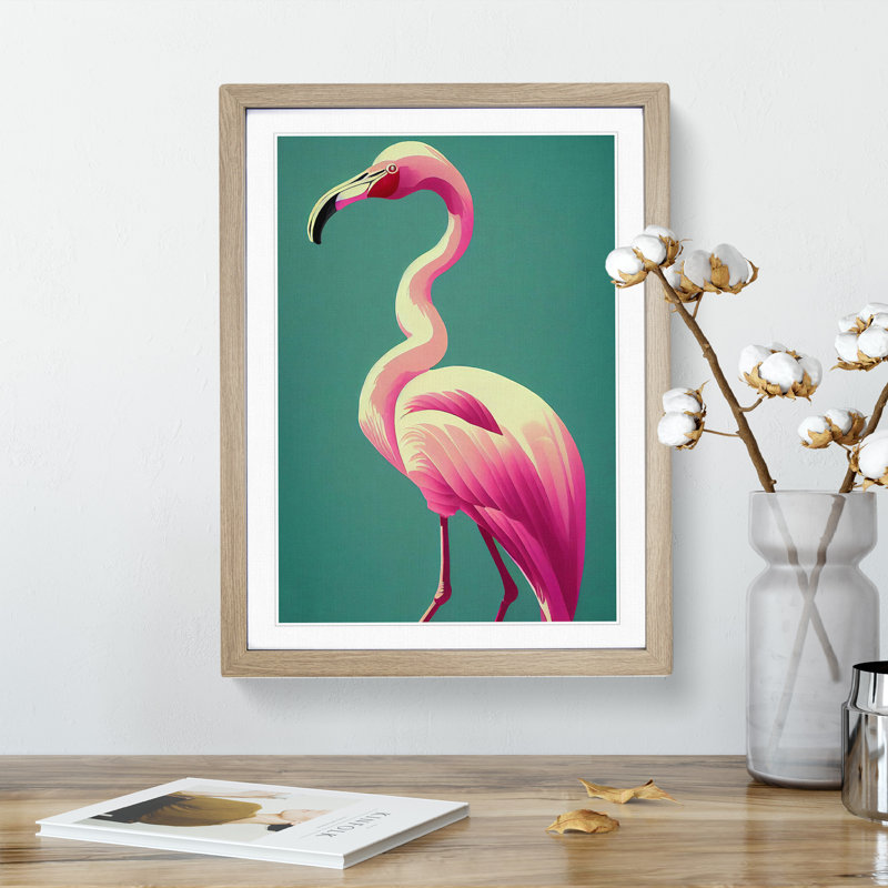 Dashing Flamingo - Single Picture Frame Print, 64cm H x 46cm W x 2cm D, Oak