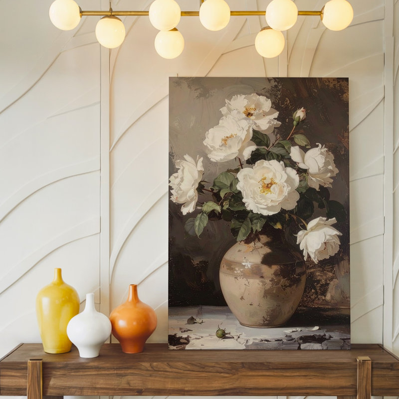 «Timeless Rose Still Life», roses blanches classiques dans un vase en argile rustique, art mural sur toile, prêt à accrocher