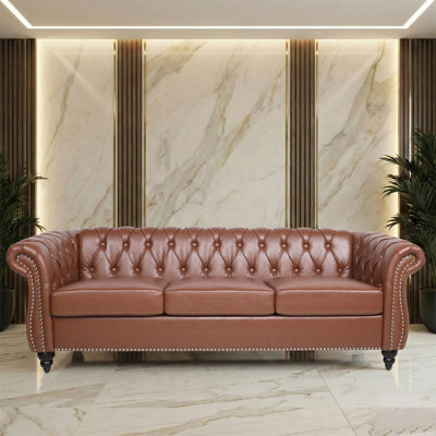 Canapé classique en cuir PU Chesterfield avec dossier capitonné, accoudoirs roulés et garniture cloutée