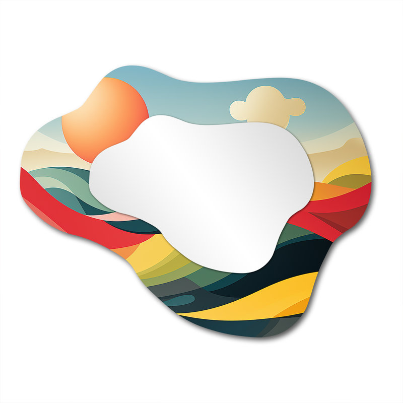 Minimalist multicolor line art landscape I - Meadow Cloud Mirror, Red Asymmetrical Unique Wall Mirror, Printed Metal Art