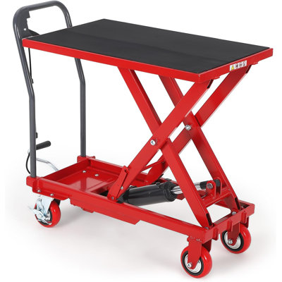 Chariot élévateur à ciseaux hydraulique rouge, 500 lb, 28,5 po de levage, 4 roues pivotantes en polyuréthane verrouillables et coussin en caoutchouc pour la manipulation