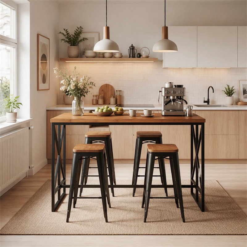 62.6" Rectangular Bar Table, Farmhouse Counter Height Pub Table with Metal Footrest for Coffee Bar