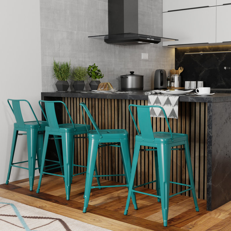 Tabouret en métal Rayne, Tabouret de comptoir (siège d'une hauteur de 24 p, Bleu sarcelle, 4