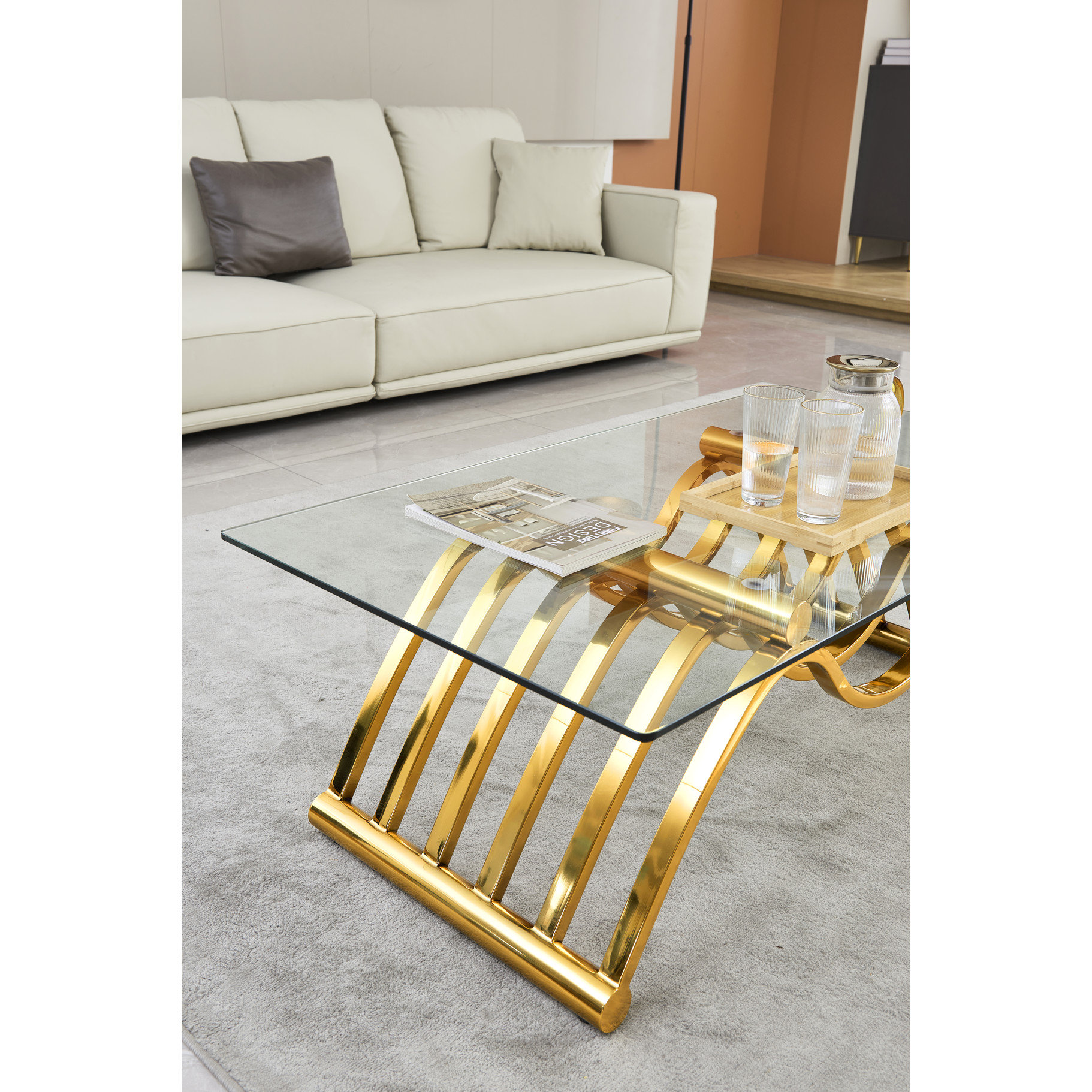 Everly Quinn Modern Gold Coffee Table, 47" Rectangle Stainless Steel ...