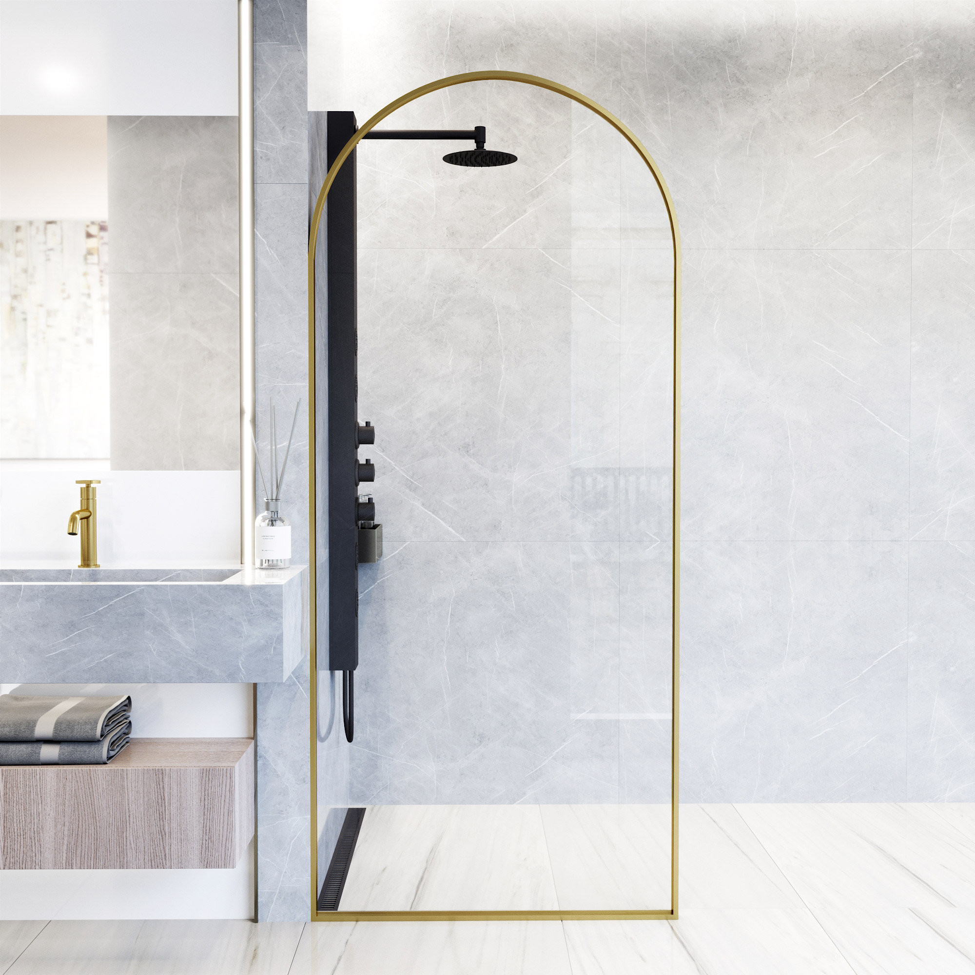 Arden 34" W x 78" H Fixed Framed Shower Screen with 3/8" Clear Glass, Matte Brushed Gold