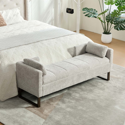 Banc de rangement 64 po en chenille avec couvercle rabattable, accoudoirs et dossier - Repose-pieds rembourré avec pieds en métal et 2 traversins