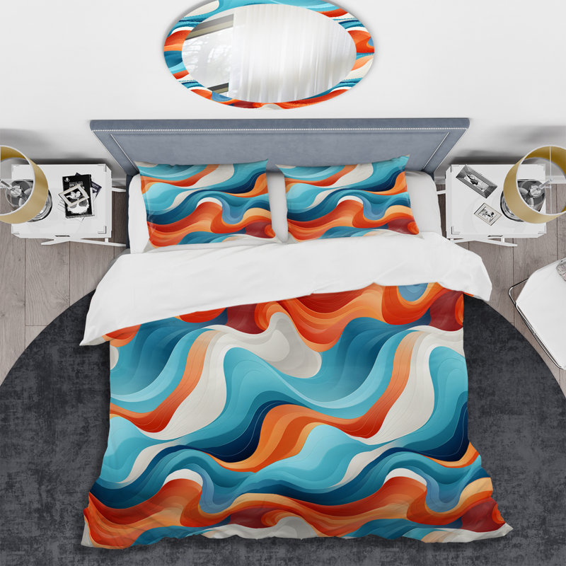Blue And Orange Swirling Harmony Waves IV Polyester Abstract Duvet Cover Set, Queen Duvet Cover + 2 Standard Shams