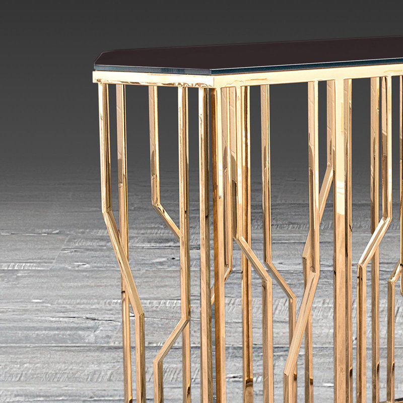 Glass Top Console Table, 31.5" H x 67" W x 17" D, Rose Gold