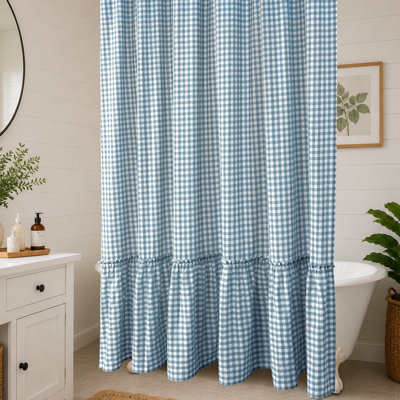 100% Washed Cotton Plaid Gingham Buttonhole Shower Curtain With Bottom Ruffle
