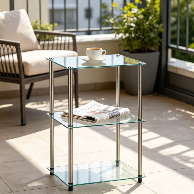 Grande table de bout à 3 niveaux en verre Designs2Go, tablettes en verre trempé avec pieds en acier inoxydable, table d'appoint moderne pour le salon, la chambre à coucher et le bureau personnel