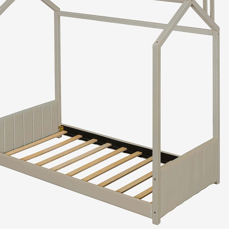 Lit simple en bois et velours, beige, Beige, Lit simple
