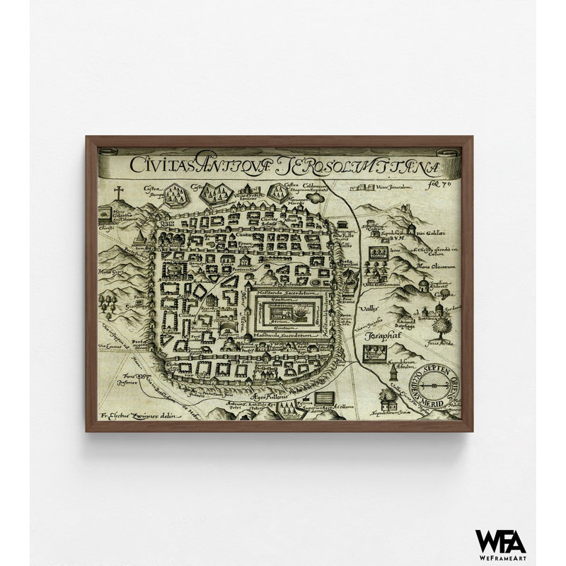 Art moderne moderne, carte de ville moderne, décor de maison religieuse, affiche de la Terre Sainte, H 30 po x l 40 po, Brun