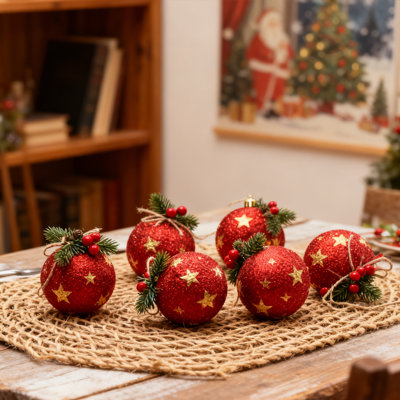 6PCS Christmas Plaid Ball Ornaments, 3.15 Inch Gingham Ball Ornaments with Pinecones and Green Leaves, Holiday Decoration Christmas Tree Hanging Ball Ornaments, Style E