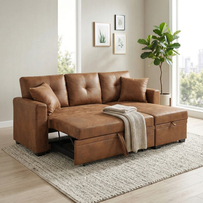 Canapé modulaire réversible de 76,5 po de largeur avec canapé-lit et chaise de rangement, similicuir respirant